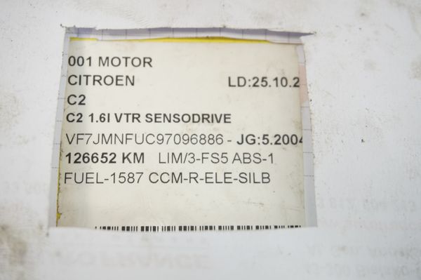 Motor De Gasolina NFU 10FX5A Citroen C2 1,6 16v 126000km